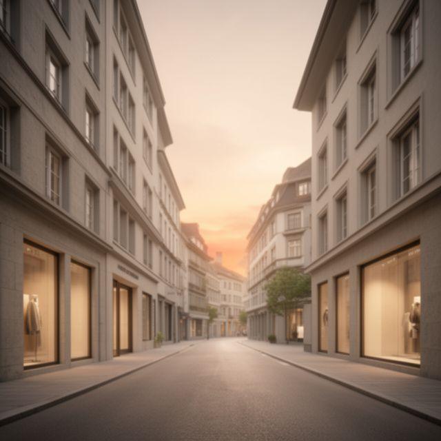 Minimal architectural street view of the Zurich showroom district near Thurgauerstrasse with warm evening light