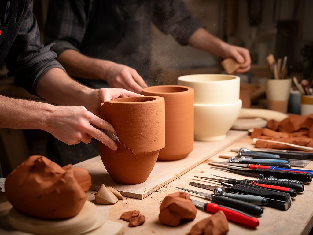 Craftspeople shaping bespoke planter prototypes on a workbench surrounded by clay samples and measuring tools