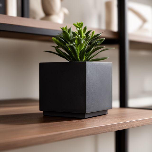 Urban Cube Blumentopf auf einem Design-Regal mit klaren Kanten und dunkler Oberfläche