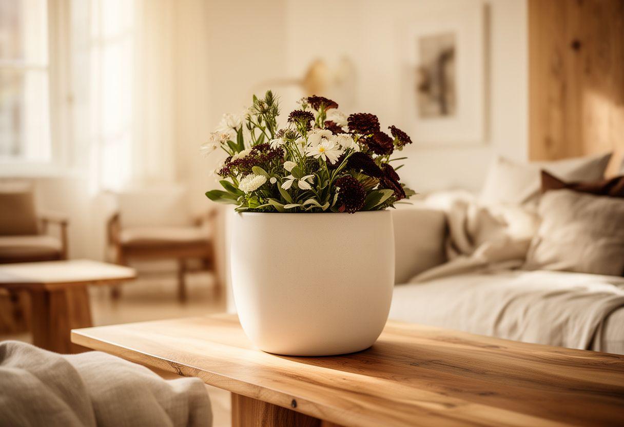 Moderner Designer-Blumentopf in einem hellen Zürcher Wohnraum neben Naturholz und weichem Leinen
