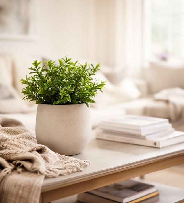 Designer-Blumentopf in einem hellen Wohnzimmer auf einem niedrigen Couchtisch mit Textilien und Bücherstapel