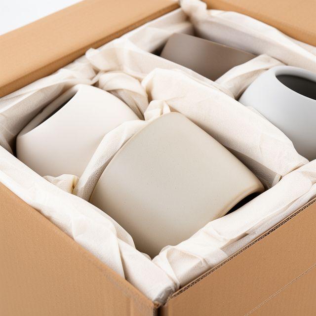 Sorgfältig verpackte Designer-Blumentöpfe in neutralem Verpackungsmaterial für den Versand ab Zürich