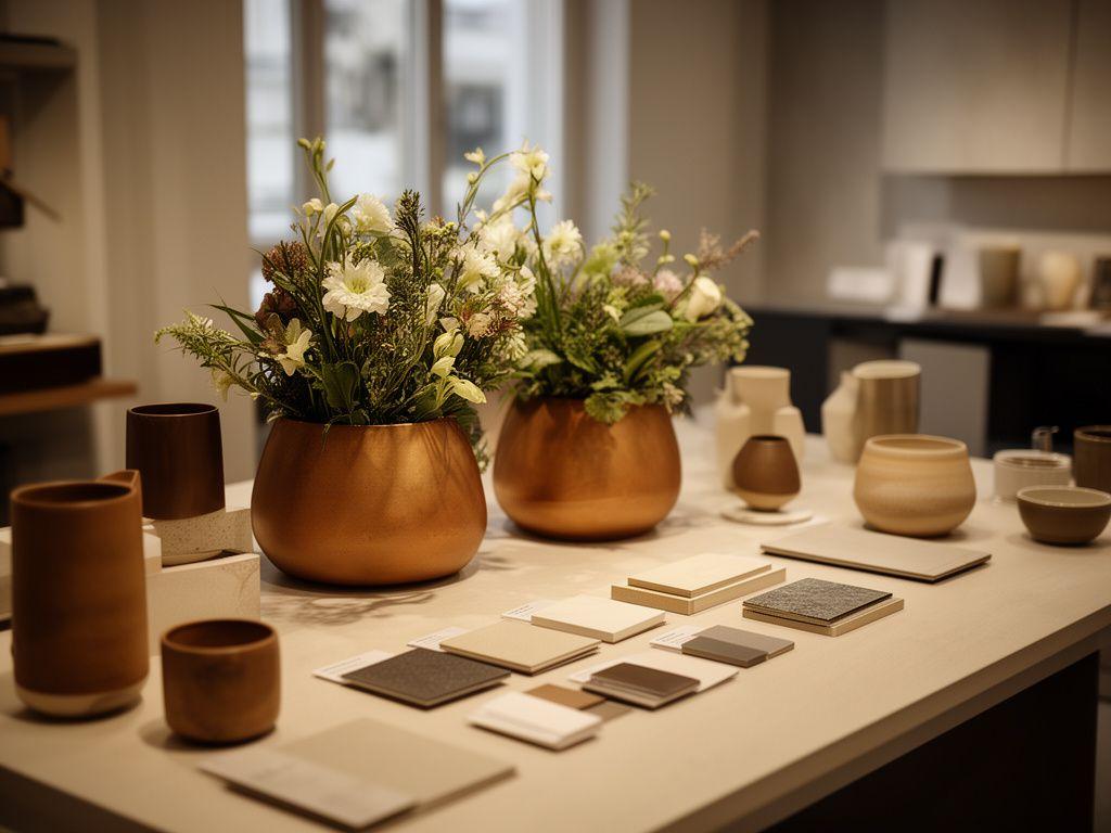 Elegant showroom table with designer flower pots, material samples and soft daylight in a Zurich studio